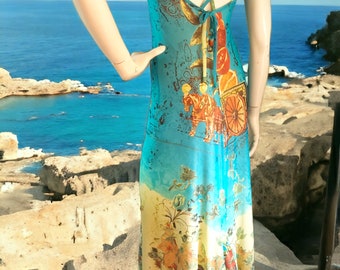 Save the Queen Maxi Dress, Open Back, Turquoise Blue Printed Mesh, Size M/L  - Etsy Australia