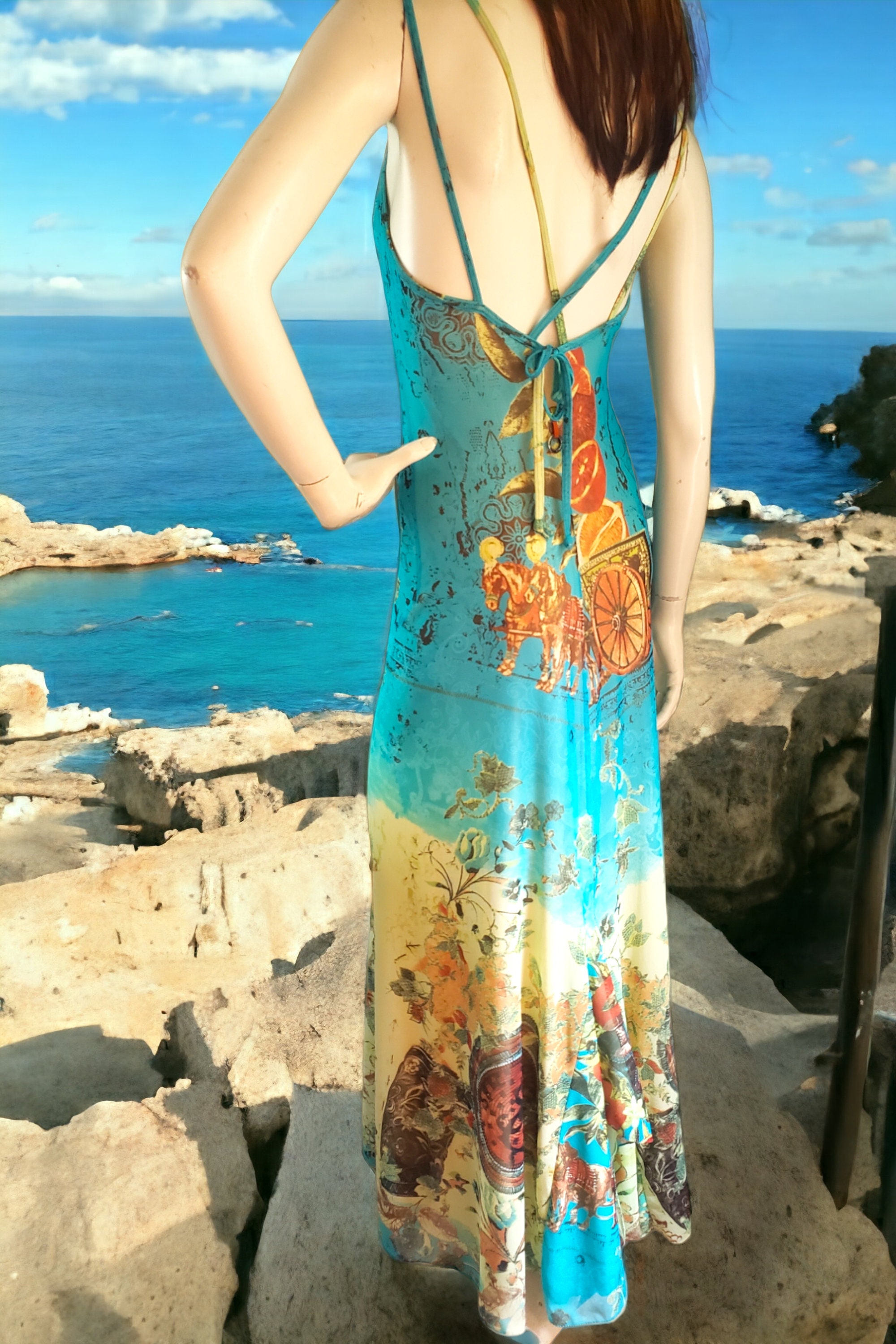Save The Queen Maxi Dress, Open Back, Turquoise Blue Printed Mesh, Size M/L