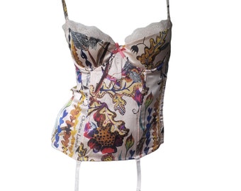 Bustier corset Christian Lacroix en soie imprimé abstrait logo S M