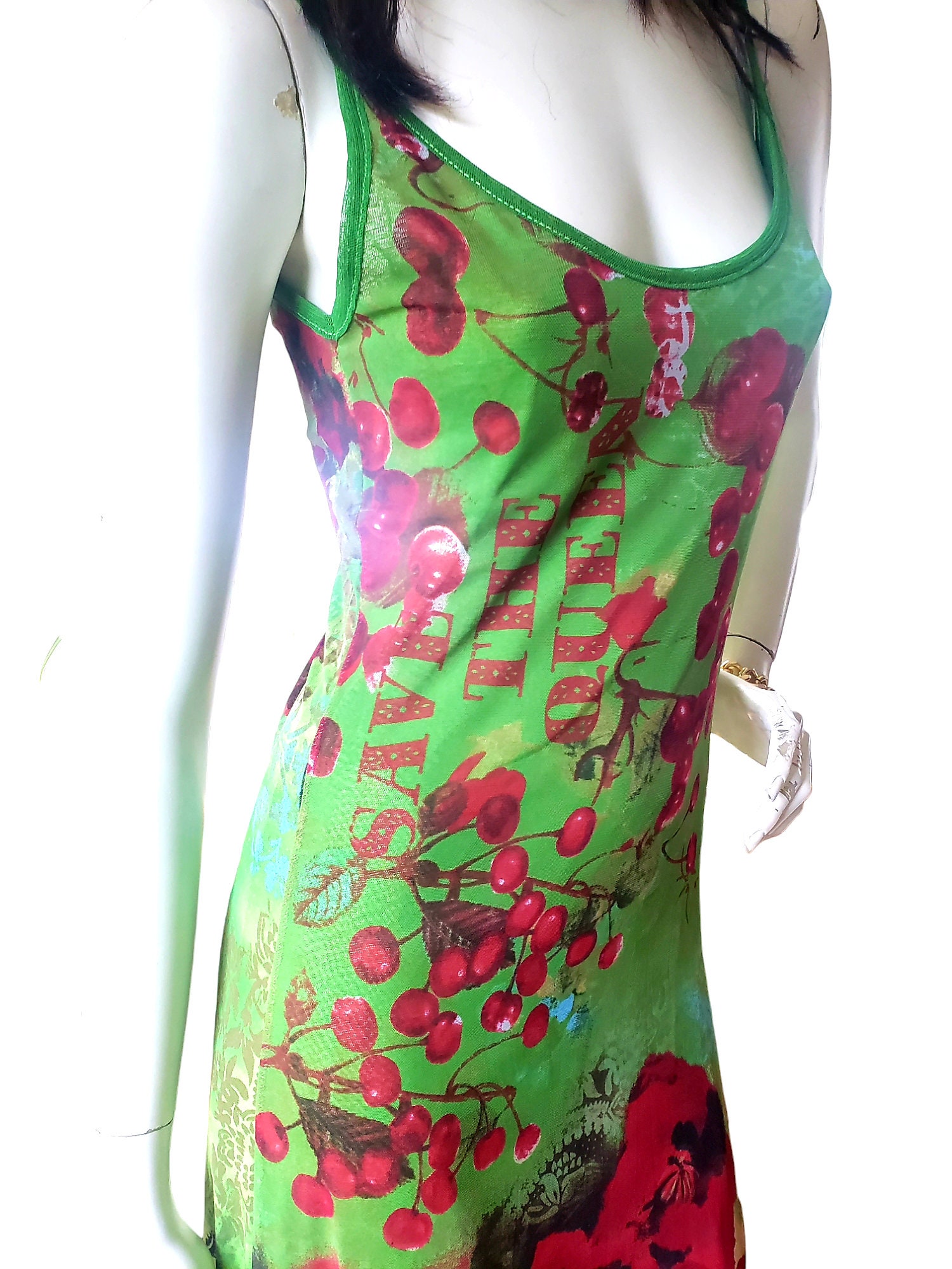 Save The Queen maxi dress with open back, green and red cherry print, size M Save The Queen maxi dress with open back, green and red cherry print, size M