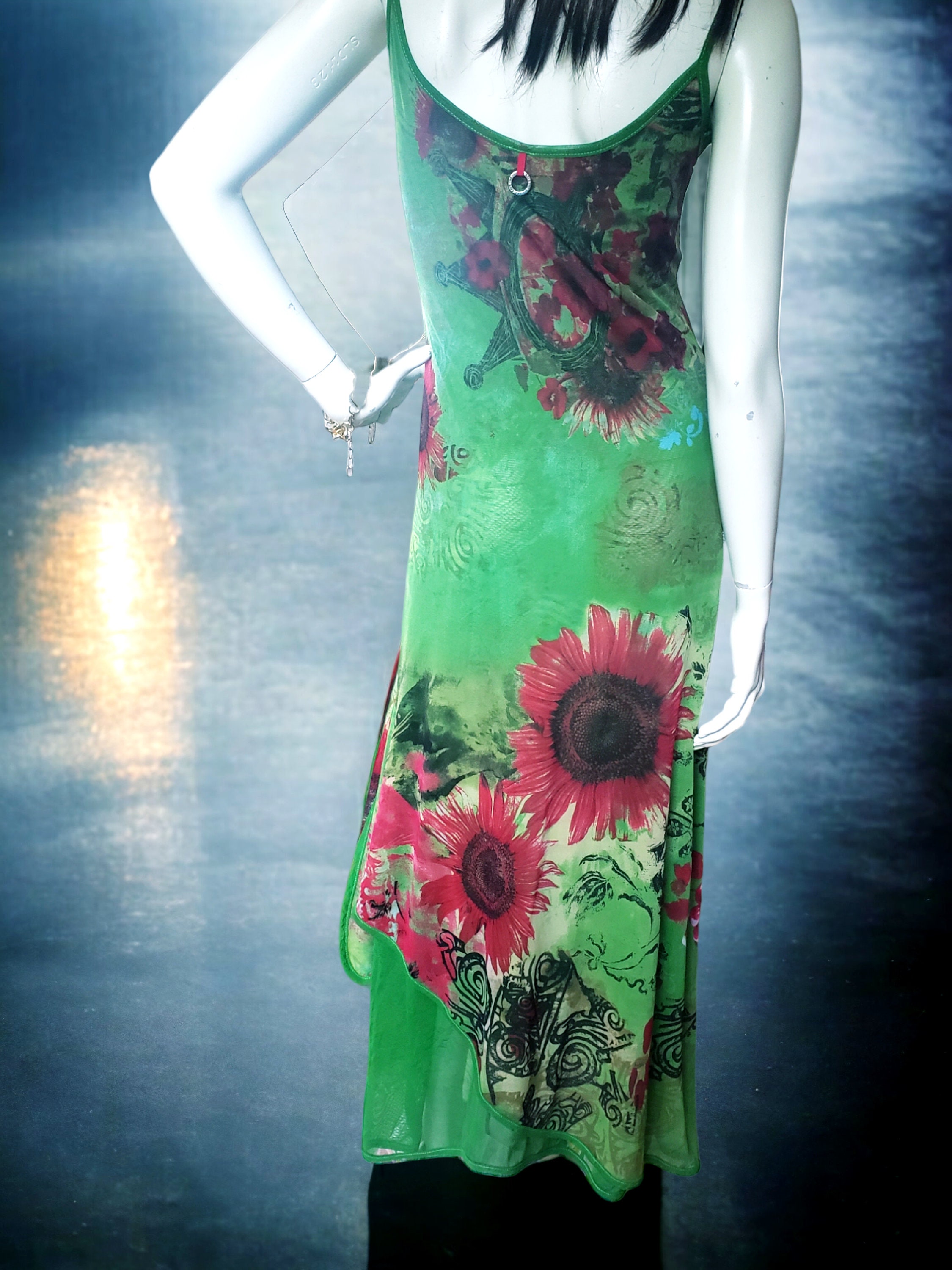 Save The Queen maxi dress with open back, green and red cherry print, size M