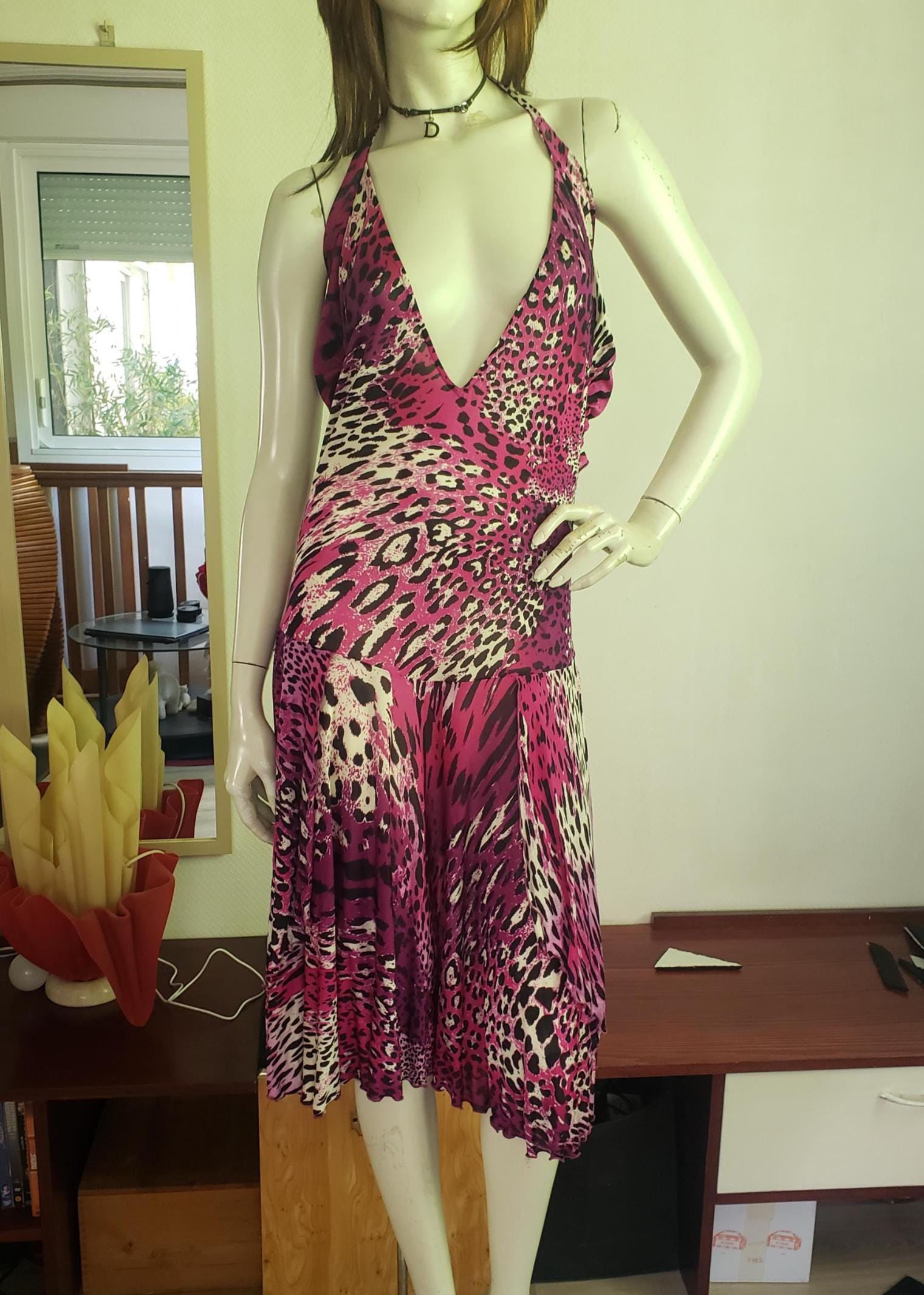 Roberto Cavalli dress in pink/purple black leopard print silk size M