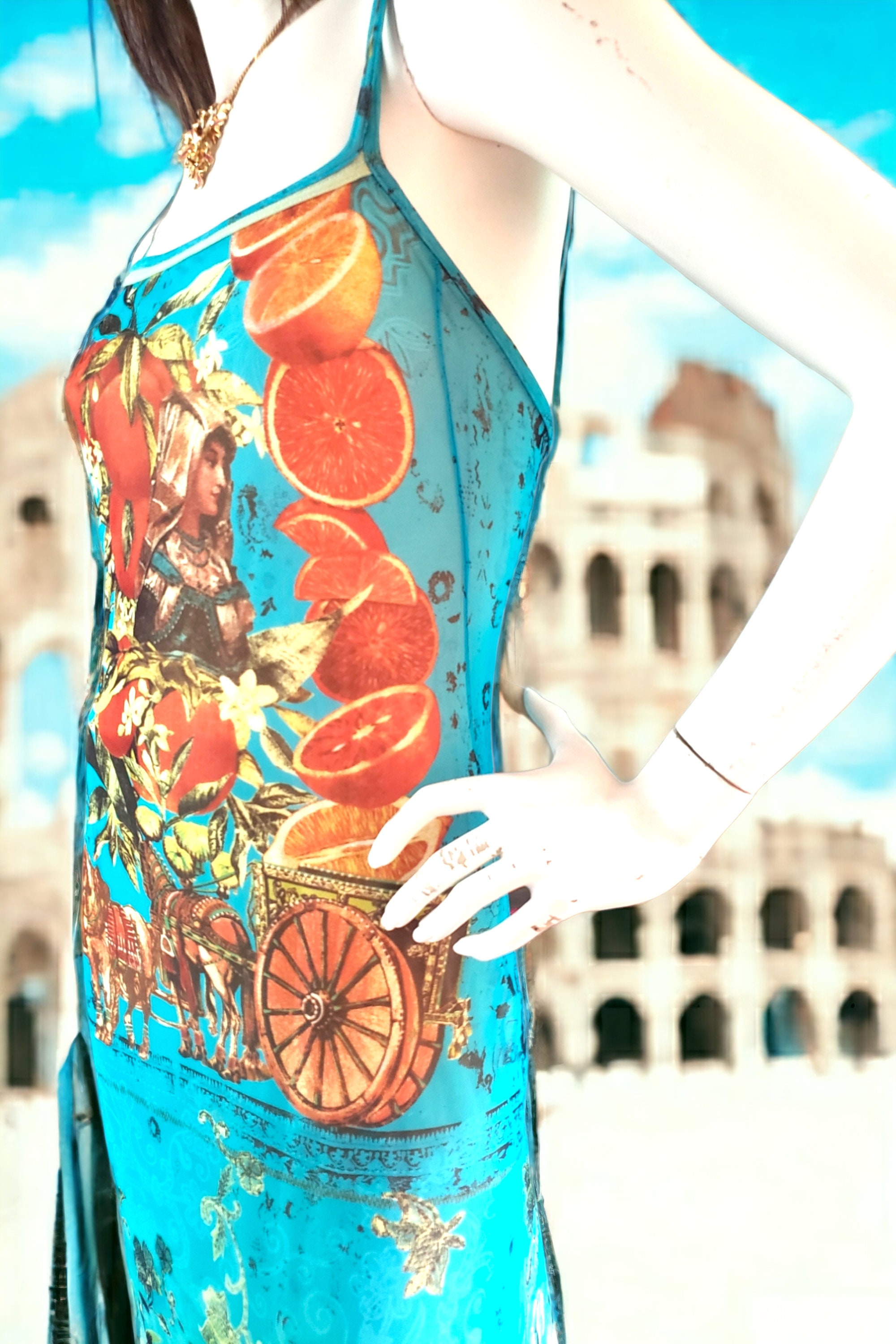 Save the Queen Maxi Dress, open back, turquoise blue printed mesh, size M/L