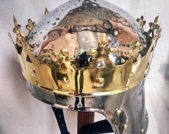 Medieval Knight Helmet: Richard Lionheart Style Crown, Steel & Brass