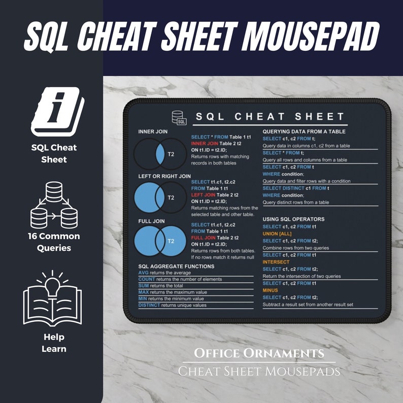 SQL Cheat Sheet Mouse Pad Data Analyst Mousepad Artistic Aesthetic ...