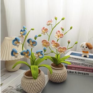 Puede incluir: Dos plantas de orquídeas de ganchillo en macetas beige. Una planta tiene flores azules y amarillas, la otra flores rosas y amarillas. Las plantas tienen hojas y tallos verdes. A la derecha hay una pequeña figura de perro de ganchillo.