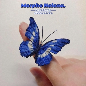 Könnte beinhalten: Ein handgefertigter, blau-weißer Häkel-Schmetterling mit filigranen Flügeln und Fühlern. Der Schmetterling sitzt auf einem Finger. Das Bild enthält den Text "Morpho Helena" und "TANGTING 2022.04.08."