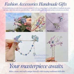 May include: Image showcasing handmade fashion accessories, including hair clips, hair sticks, necklaces, brooches, and headbands. The accessories feature butterfly designs in shades of purple, blue, and pink. Text reads "Fashion Accessories Handmade Gifts" and "Your masterpiece awaits."