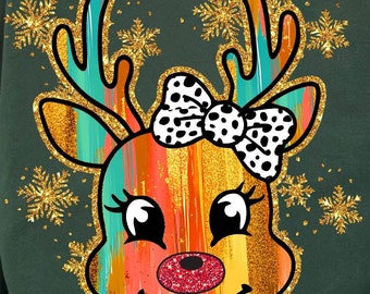 Colorful Glitter Christmas Reindeer Png, Bright Color Girl Reindeer Christmas Png, Coquette Bow Dalmatian Dots Png, Kids brushstroke Png