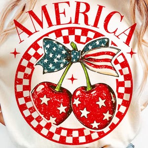 Cerises d'Amérique PNG, Cherry Bow Png, Branché le 4 juillet PNG, 4 juillet femme png, Drapeau des États-Unis png,
