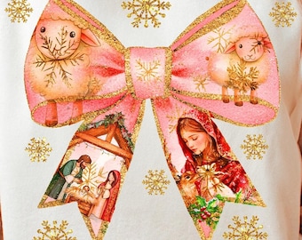 Jesus Christmas Coquette Bow Png, Christian Christmas Png, Nativity Scene Png, Baby Jesus Png, Bible Verse Png, Glitter, Pink Christmas Png