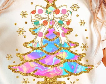 Iridescent Christmas Tree PNG, Coquette Christmas Png, Iridescent Christmas Png, Girly Christmas Png, Colorful Glitter Christmas Tree Png