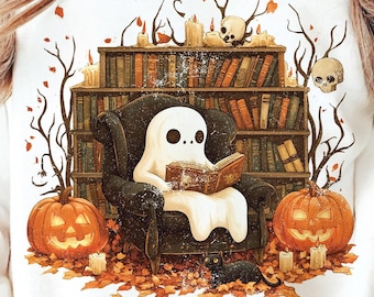 本を読んでいる幽霊PNG、ハロウィーンの本棚PNG、幽霊のような本好きPNG、黒猫と本PNG、かわいい幽霊の本PNG、本好きのハロウィーンPNG