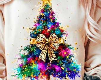 Colorful Coquette Glitter Christmas Tree Png, Girly Christmas Tree Design, Bright Color Christmas Coquette Bow Dalmantian Dots, brushstroke