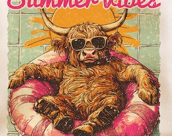 Summer vibes Png, Highland cow design Png, Retro summer shirt design, Funny beach shirt print, Summer sublimation design, Beach graphic Png