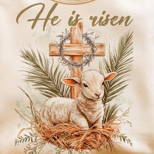 Vero PNG di Pasqua, è risorto, agnello corona di spine croce palma Gesù Cristo cristiano religioso versetti della Bibbia digitale Sublimazione disegnata Tshirt