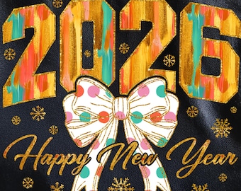 Happy New Year 2026 Png, Colourful Glitter Faux Sequin PNG, Christmas Sublimation, Trending Coquette Bow, Pink Bow New Year Sublimination