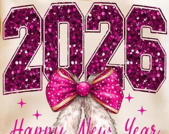 Happy New Year 2026 Png, Glitter Faux Sequin PNG, Christmas Sublimation, Trending Coquette Bow, Pink Bow New Year Sublimination