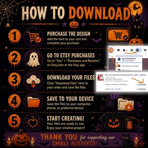 May include: An instructional graphic titled HOW TO DOWNLOAD with a Halloween theme. It lists five steps for digital file acquisition, featuring icons of a shopping cart, ghost, cloud, folder, and heart, alongside screenshots of the Etsy interface.