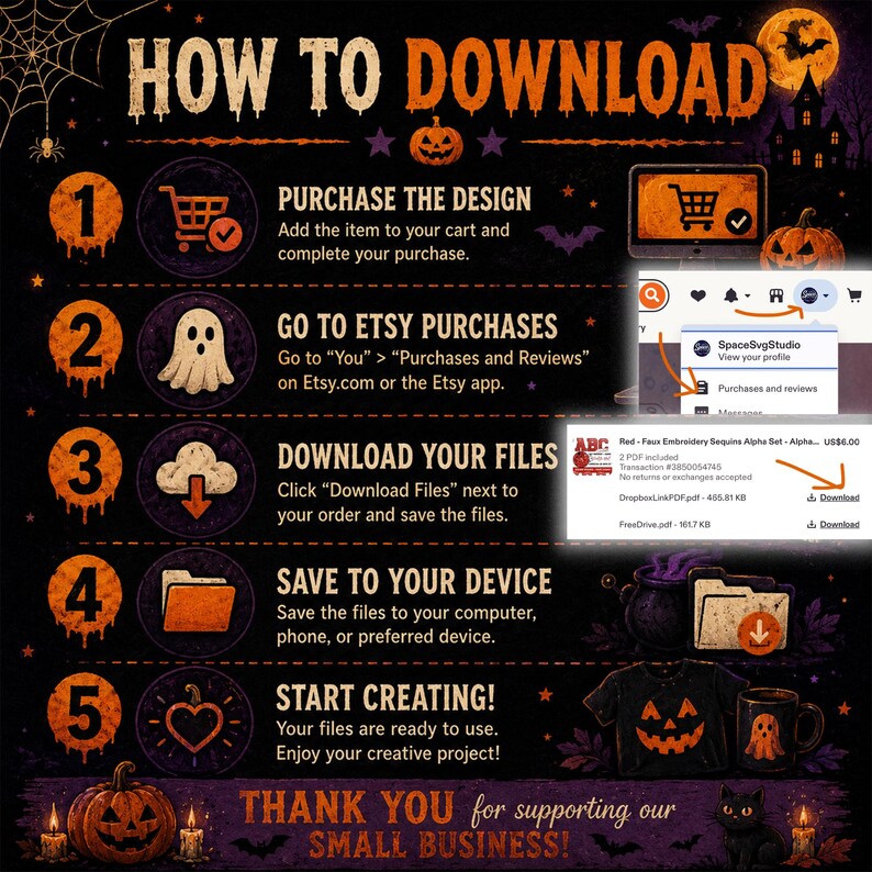 May include: An instructional graphic titled HOW TO DOWNLOAD with a Halloween theme. It lists five steps for digital file acquisition, featuring icons of a shopping cart, ghost, cloud, folder, and heart, alongside screenshots of the Etsy interface.