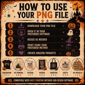 May include: A Halloween-themed instructional guide titled HOW TO USE YOUR PNG FILE, featuring five numbered steps for digital file usage. The design includes orange and black graphics of pumpkins, ghosts, a haunted house, and a black cat.