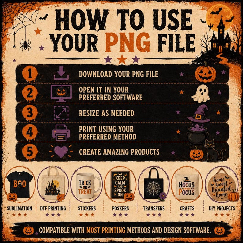 May include: A Halloween-themed instructional guide titled HOW TO USE YOUR PNG FILE, featuring five numbered steps for digital file usage. The design includes orange and black graphics of pumpkins, ghosts, a haunted house, and a black cat.