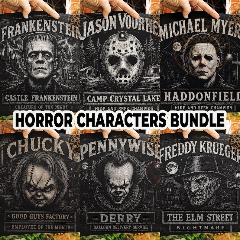 May include: A set of six black and white horror character posters featuring Frankenstein, Jason Voorhees, Michael Myers, Chucky, Pennywise, and Freddy Krueger with their respective names, locations, and titles printed in a vintage style font.