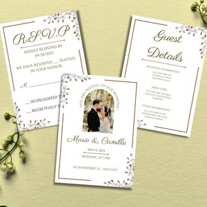 Convites de casamento | Mini modelo de casamento floral marrom, modelo editável e imprimível, modelo faça você mesmo