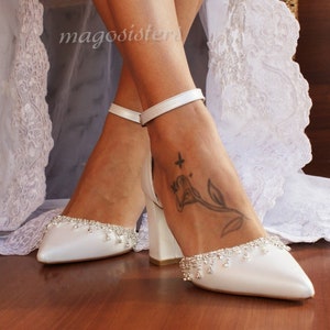 Handmade White Block Heel Wedding Shoes: Crystal D&#39;Orsay Bridal Pumps