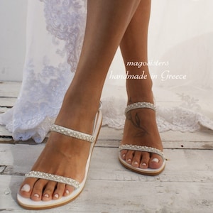 Handmade Pearl Bridal Sandals: White Leather Wedding Shoes/ ''I DO''