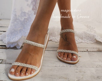 Wedding leather sandals/ bridal sandals/ white sandals/ handmade sandals/ pearl sandals/ beach wedding sandals/ wedding shoes/ "I DO"