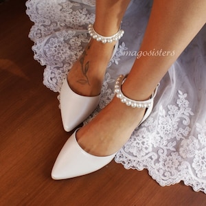 Handmade White Bridal Flats: Pearl Ankle Strap Wedding Ballet Pumps