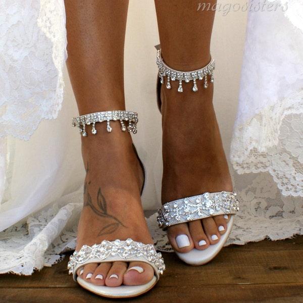 Block heel IVORY wedding sandal/ Handmade ivory heels/ Bridal heels/ Silver crystals-embellished shoes/ Wedding shoe STARLET IVORY