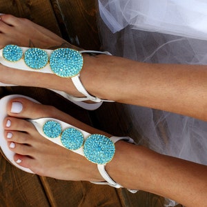 Blaue Strass Hochzeitssandalen: Handgefertigte Leder Brautschuhe