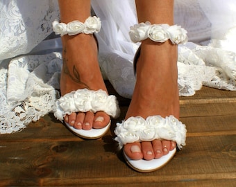 Block heel white wedding shoes/ Handmade white bridal heels/ Bridal romantic heels/ Wedding flower shoes/ White heels ROSY