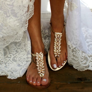 Wedding sandals/ bridal sandals/ leather sandals/ Rhinestone-embellished shoes/ gold sandals/ beach wedding sandals/ "KALISTA"