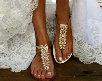 Wedding sandals/ bridal sandals/ leather sandals/ Rhinestone-embellished shoes/ gold sandals/ beach wedding sandals/ "KALISTA"