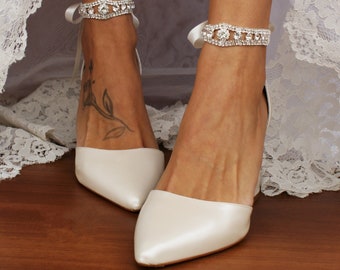 Blokhakken voor dames/handgemaakte IVOOR leren hakken/trouwschoenen/D'Orsay enkelbandje hakken/bruidsschoenen/ enkelbandje pumps/SUNSHINE