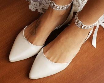 Women's bridal shoes/ Handmade IVORY weding flat/ Wedding ballet pumps/D'Orsay flats/ Silver-embellished shoes/ Ballerina shoes/ LOVE KNOT