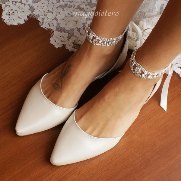 Women's bridal shoes/ Handmade IVORY weding flat/ Wedding ballet pumps/D'Orsay flats/ Silver-embellished shoes/ Ballerina shoes/ LOVE KNOT