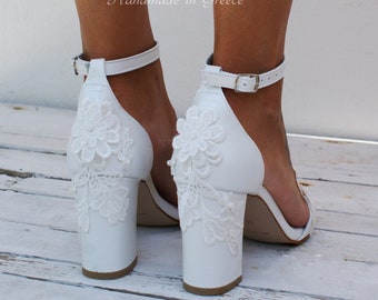 Block heel white wedding shoes/ Handmade heels/ Bridal heels with lace/ Wedding shoes/ pearlized white heels FLORA