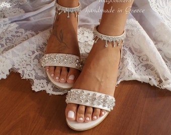 Wedding sandals/ bridal shoes/ rhinestone-embellished shoes / silver decorated shoes/ ivory beach wedding sandals/ wedding shoes/ '' TERESA"