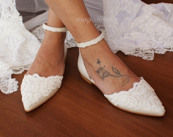 Women's bridal shoes/ Handmade IVORY flats/ Wedding ballet pumps/D'Orsay flats/ Bridal lace shoes/ Ballerina bridal shoe/ JOSEPHINE