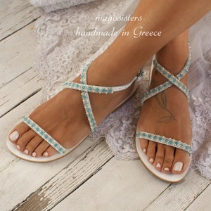 Handmade Pearl Bridal Sandals: Blue Crystal Embellished Leather Wedding Shoes