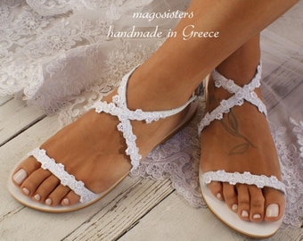 Handmade to order/ white leather shoe/ bridal sandal/ wedding shoes/ lace wedding sandals/ flat lace sandals/ beach sandals/ "SCARLET"