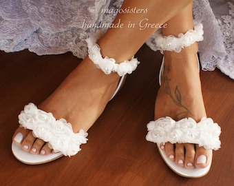 Wedding sandals/ bridal shoes/ shoes for bride/ handmade sandals/ white flower lace shoes/ beach wedding sandals/ wedding shoes/ "LE JARDIN"