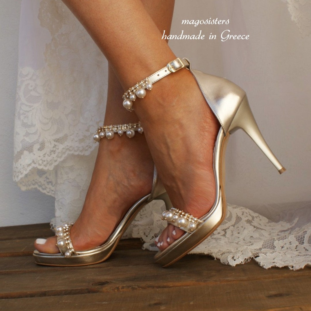 Handmade Gold Bridal Stiletto Heels: Pearl Rhinestone Wedding