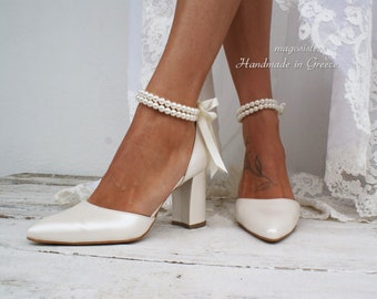 Scarpe con tacco a blocco da sposa da donna/ Scarpe con tacco in pelle AVORIO fatte a mano/ Scarpe da sposa/ Scarpe con tacco D'Orsay con cinturino alla caviglia/ Scarpe da sposa/ Décolleté con cinturino alla caviglia/ PAOLA