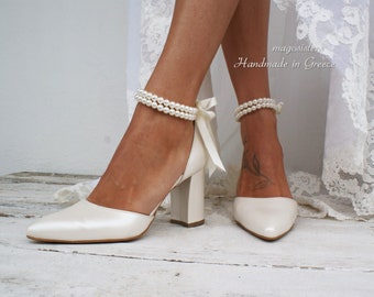 Women's bridal block heels/ Handmade IVORY wedding heels/ Wedding shoes/D'Orsay ankle strap heels/ Bridal shoes/ Ankle strap pumps/ PAOLA