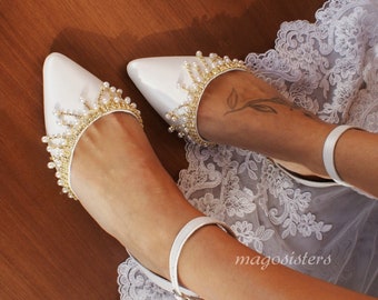 Women's bridal shoes/ Handmade WHITE wedding flats/ Wedding ballet pumps/D'Orsay flats/ Gold-embellished shoes/ Ballerina bridal shoe/ SWAN